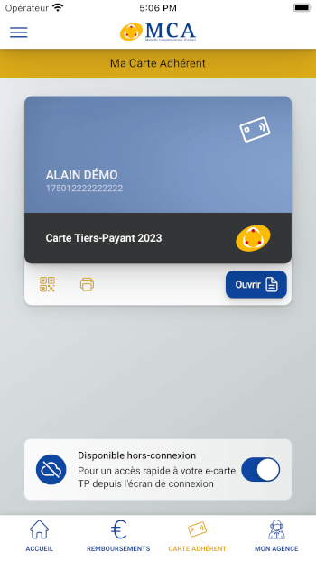 Capture d'écran votre carte de tiers payant